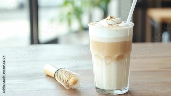 Fototapeta Artisanal iced matcha latte with frothy milk foam resting on a natural wooden tabletop accompanied by a traditional matcha whisk creating a serene and tranquil cafe style scene