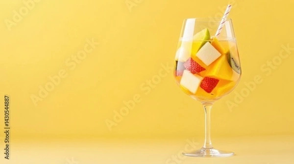 Fototapeta Glass of refreshing sangria cocktail with colorful fruit chunks including orange lemon and strawberry served with a straw on a pastel yellow background  Concept of summer vacation party or