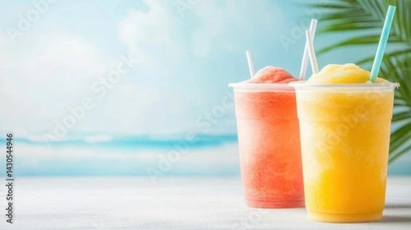Fototapeta Refreshing and Colorful Slushie Drinks Served in Plastic Cups with Straws on a Tropical Beach Themed Background Ideal for Summer Vacation and Relaxation Scenes