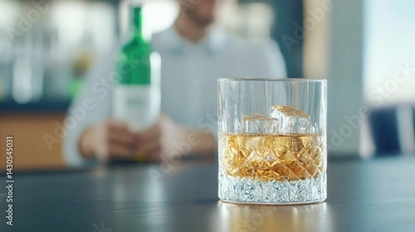 Fototapeta A glass of sophisticated and refined whiskey on the rocks set on a dark wooden bar surface  The crystal glass reflects the amber liquid