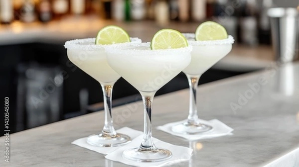 Fototapeta Refreshing frozen margarita cocktails with salt rimmed glasses and fresh lime slices served on a bar counter in a restaurant or bar setting  The image evokes a chilled