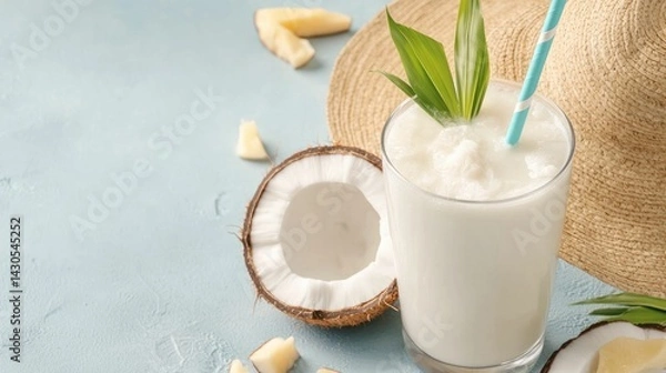 Fototapeta Refreshing tropical coconut drink with a straw and a beach hat resting on a sandy surface evoking a sense of summer vacation and relaxation
