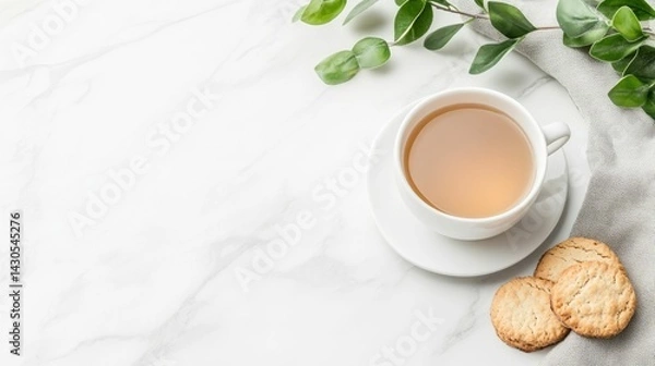 Fototapeta Cozy flat lay arrangement featuring a freshly brewed cup of tea alongside crunchy baked biscuits on a sleek marble countertop surface