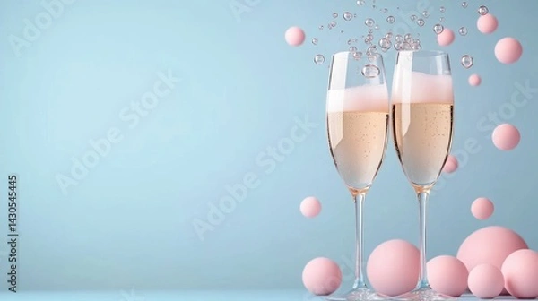 Fototapeta Elegant Champagne Flutes with Sparkling Bubbles Rising on a Pastel Blue Table Celebrating a Special Occasion or Event