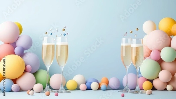 Fototapeta Champagne flutes with rising bubbles placed on a pastel blue table creating a festive and celebratory atmosphere for a special occasion or event