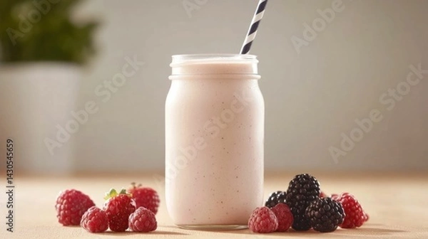 Fototapeta Delicious and healthy smoothie served in a mason jar with a striped straw surrounded by an assortment of fresh berries such as raspberries blackberries and blueberries
