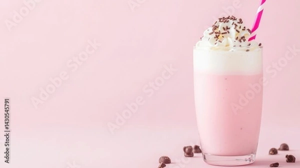 Fototapeta Delicious and Indulgent Pastel Pink Milkshake Served in a Festive Glass Topped with Whipped Cream and Chocolate Sprinkles for a Sweet and Creamy Treat