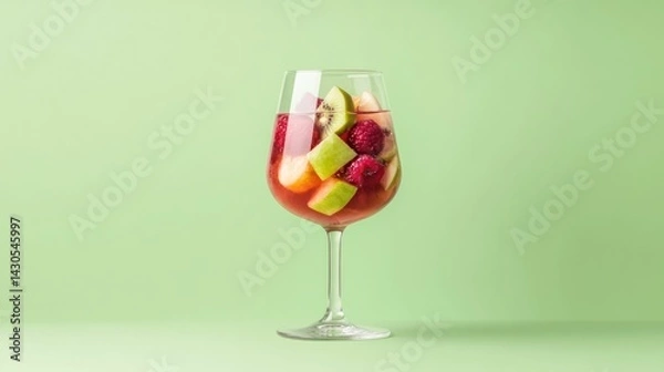 Fototapeta Refreshing Red Sangria with Sliced Fruit Chunks Served in a Transparent Wine Glass on a Soft Pastel Green Background  Inviting Summer Cocktail Drink for Parties and
