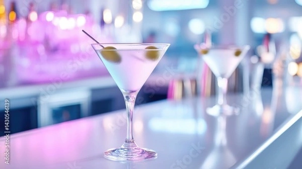 Fototapeta Glamorous martini glasses with green olives resting on a sleek reflective bar counter illuminated by vibrant neon lights creating a chic