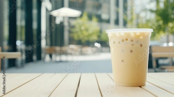 Fototapeta Milk Tea with Tapioca Pearls Served in a Transparent Plastic Cup Placed on a Wooden Table in an Outdoor Caf Setting Providing a Refreshing and Indulgent Beverage Experience