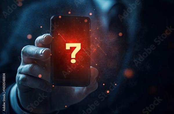 Fototapeta A person holds a smartphone with a large question mark