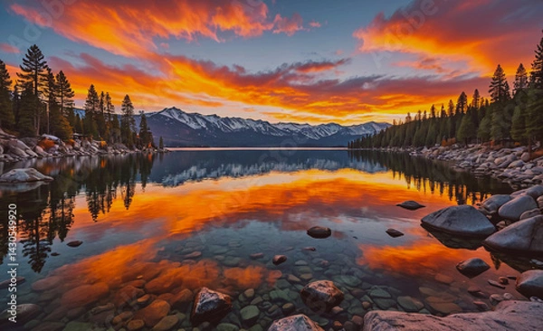 Fototapeta Beautiful lake with a mountain range in the background. The sky is orange and pink, creating a serene and peaceful atmosphere