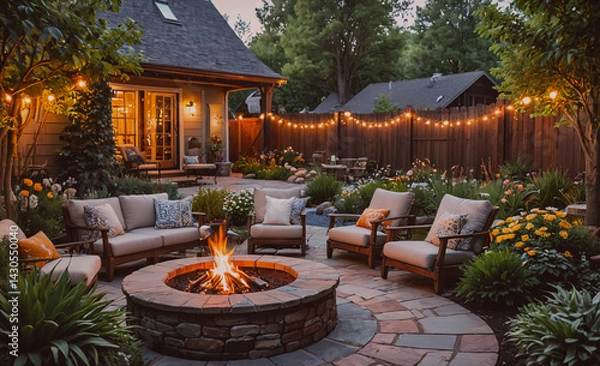 Fototapeta Backyard with a fire pit and a patio with several chairs and couches. The fire pit is surrounded by a stone wall and there are several potted plants in the area. The atmosphere is cozy and inviting