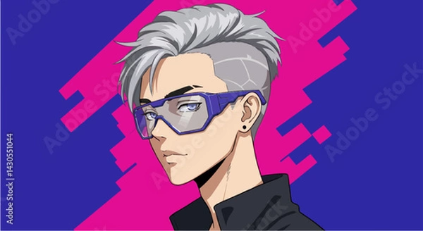 Fototapeta アニメ風の男性がゴーグルをかけていて、コピー スペースがあります