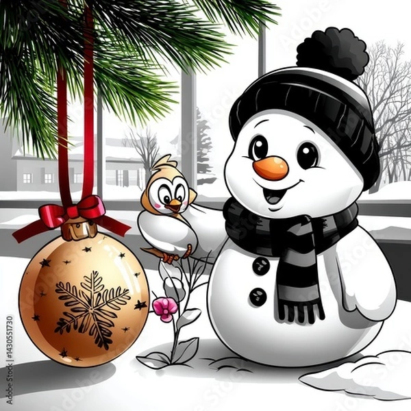 Fototapeta Playful snowman and cheerful bird celebrate winter in a snowy landscape festive illustration whimsical mood