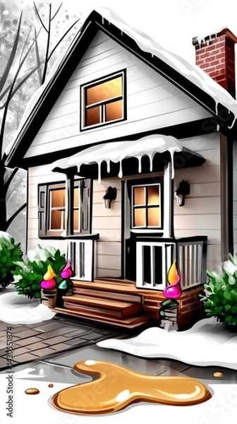 Fototapeta Winter home scene with melting snow and colorful decor residential area digital art cozy atmosphere front view seasonal transition
