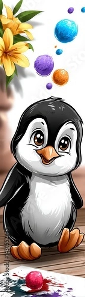 Fototapeta Playful penguin with colorful bubbles cute art scene indoor creative environment whimsical viewpoint