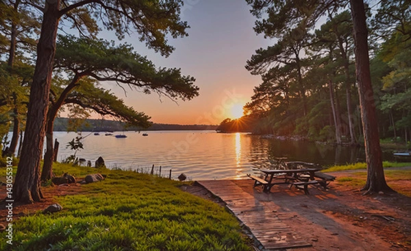 Obraz Serene lake with a sunset in the background. The water is calm and the trees surrounding the lake are tall