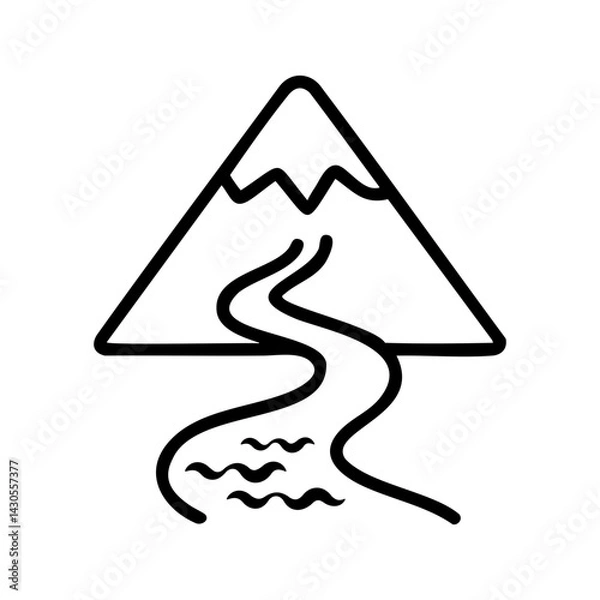 Fototapeta Simple black line icon of a mountain with a winding river, symbolizing nature, travel, water source, and environmental conservation.