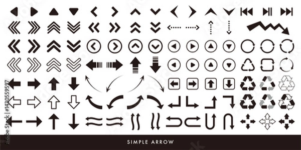 Obraz シンプルなモノクロの矢印セット ベクター イラスト素材 白背景