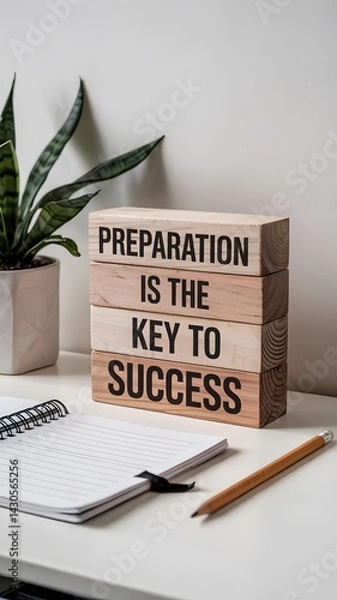 Obraz Stacked wooden blocks with the text "PREPARATION IS THE KEY TO SUCCESS" on a desk with a notebook, pencil, and plant. Symbolizes the value of planning and readiness in achieving success.


