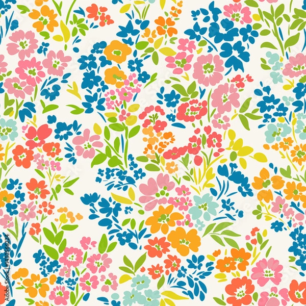 Fototapeta Seamless floral pattern with colorful hand-drawn flowers and leaves on a white background. Bright and vibrant design perfect for textiles, wallpapers, wrapping paper.