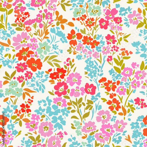 Fototapeta Seamless floral pattern with colorful hand-drawn flowers and leaves on a white background. Bright and vibrant design perfect for textiles, wallpapers, wrapping paper.