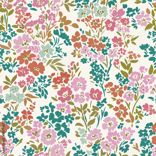 Fototapeta Seamless floral pattern with colorful hand-drawn flowers and leaves on a white background. Bright and vibrant design perfect for textiles, wallpapers, wrapping paper.