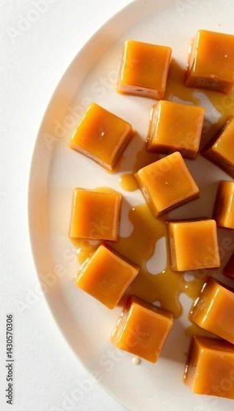 Fototapeta Top view of caramel cubes on a white background, ideal for food bloggers and recipes, candy, caramel