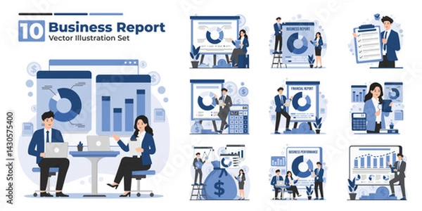 Fototapeta Vector illustration set showing business report concept with financial audit, presentation charts, data analysis, and review