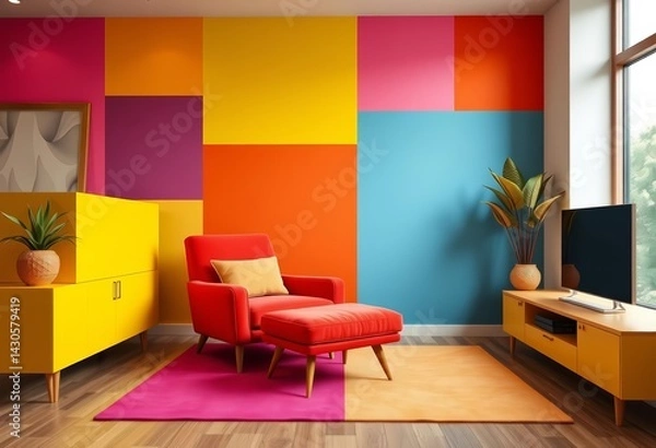 Fototapeta Yellow red lounge chair in vibrant suprematist-style living room with multicolored geometric blocks, style,  cushion