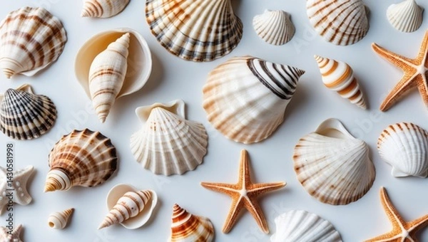 Fototapeta Collection of colorful shells including starfish and mollusks against beach water backdrop