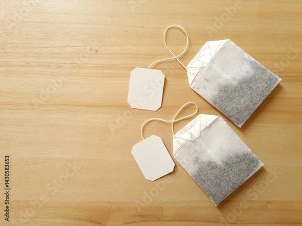 Obraz Two tea bags with empty tags on wooden background