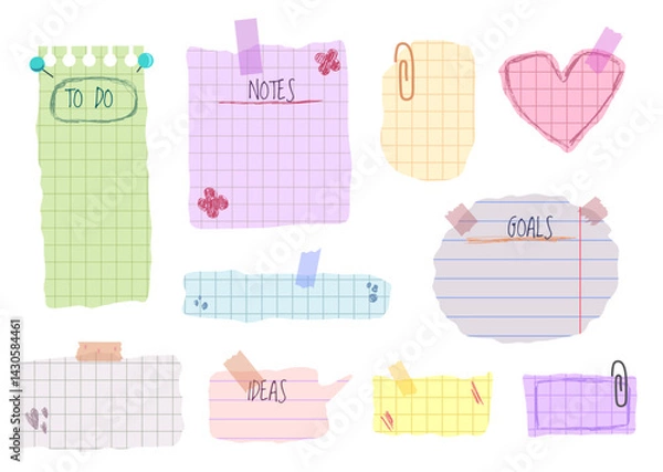 Fototapeta Memo stickers and speech bubbles with pinned rip paper. Vision board template