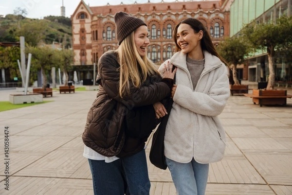 Obraz Two young mixed-race women walk through the city square during the day with the buildings in the background, smiling and looking at each other. Concept of a day off with a close friend.