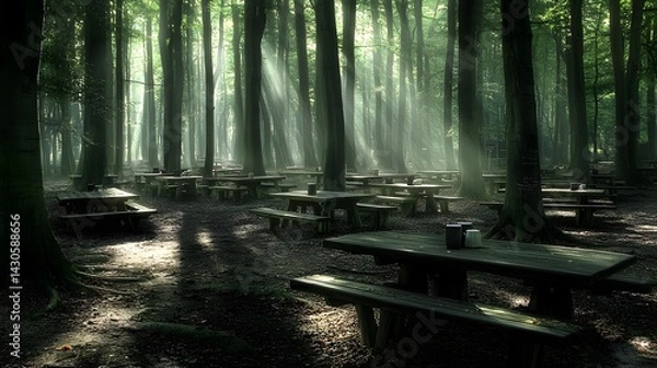 Fototapeta Mystical Sunbeams Illuminate Picnic Tables in a Serene Forest Setting