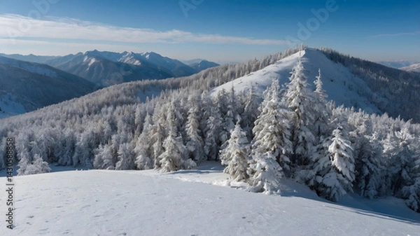 Fototapeta Scenic view of pine trees on snow covered mountain against cloudy sky