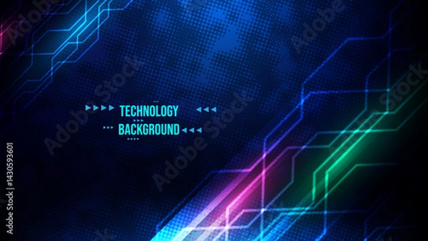 Fototapeta Blue technology background with glowing light effect and circuit board lines. High-tech digital banner design for online or tech-themed promotion, web presentation, flyer print. Vector illustration.