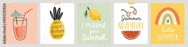 Fototapeta Summer card set. Posters and prints for your design. Hello Summer, I Love You Summer, food, drinks, ice cream, fruits and other elements. Vector illustration. 