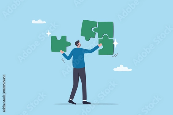 Obraz Solve puzzle problem, think of solution, finish or accomplishment, creativity idea or challenge, connect jigsaw piece to resolve work or business trouble, complete jigsaw puzzle.