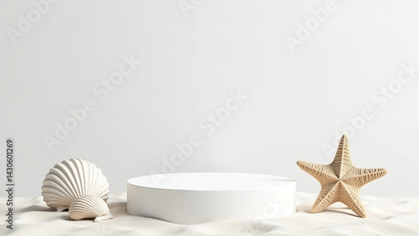 Fototapeta alist empty podium features sea shells starfish plain white beach backdrop ideal cosmetic product displays generated ai