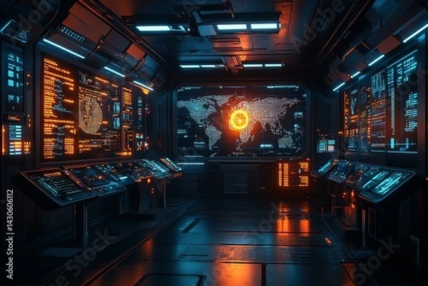 Fototapeta Global crisis monitoring in futuristic control room
