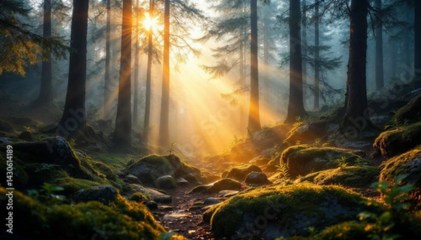 Fototapeta Sunlit misty forest at sunrise with pine trees, ethereal beams, and mountain views.