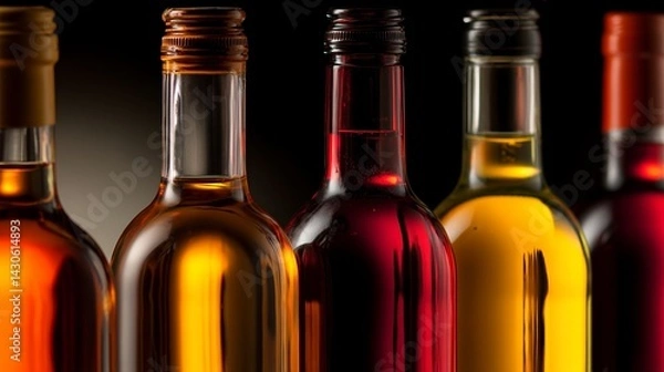 Fototapeta Elegant row of wine bottles with amber and red reflections, a sophisticated still life of refined taste.