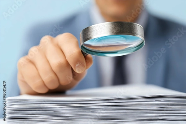 Obraz A person examining documents with a magnifying glass, highlighting attention to detail in a professional setting.