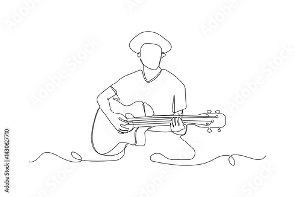 Obraz Young man playing guitar one-line art drawing. Guitarist continuous outline