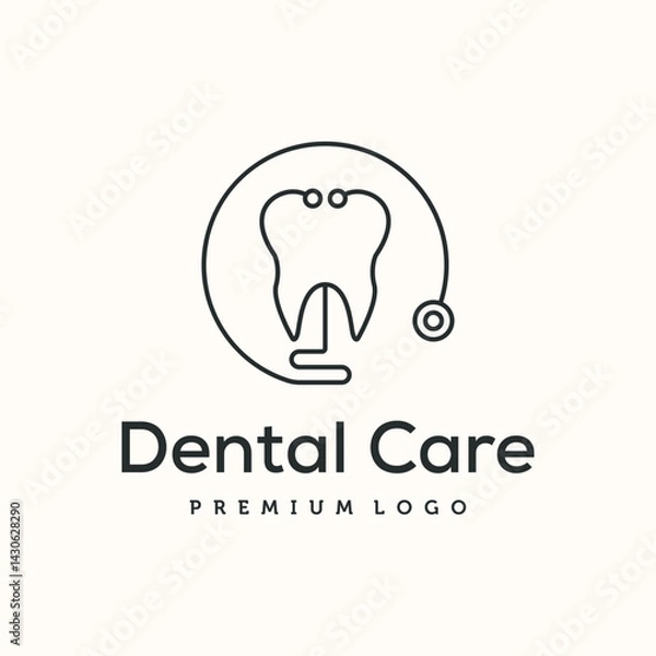 Fototapeta dental care line art logo vector minimalist illustration design,  tooth with a stethoscope forming a circular frame symbol design