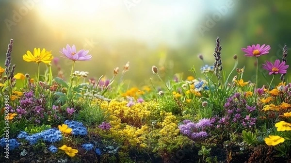 Fototapeta Spring blossoms filled with vibrant flowers in a serene meadow with abundant greenery and perfect copy space for text
