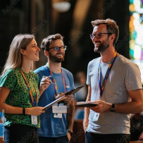 Fototapeta Staff members collaborate and engage during a team meeting at a contemporary church in a vibrant setting