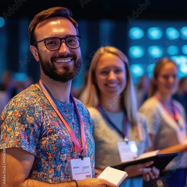 Fototapeta Team of church staff members engaged in activities showcasing support and connection at a contemporary worship event